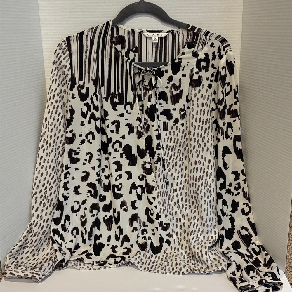 CABI Cheetah V Neck Long Sleeve Blouse White